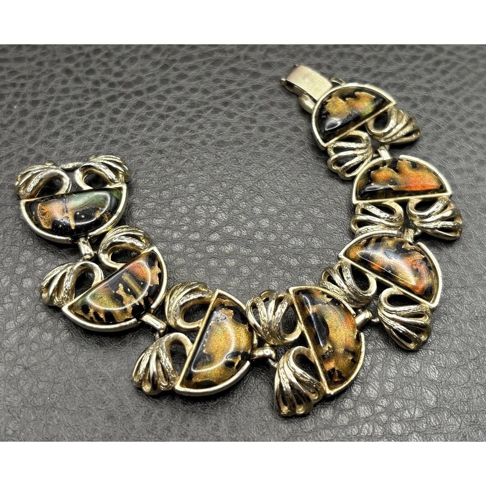 Vintage Coro Faux Amber Resin Marble Swirl Panel Link Bracelet